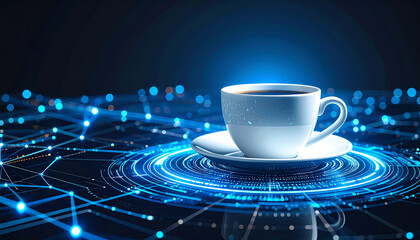 A futuristic coffee cup sits on a glowing, digital interface, blending technology with everyday life in a captivating visual