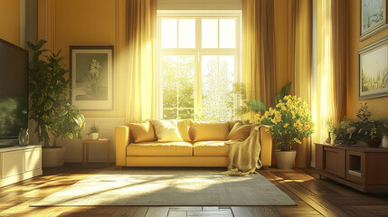 bright and inviting living room with yellow tones, large windows, and cozy sofa
