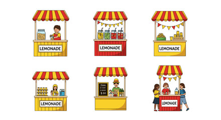 Illustration of six lemonade stands with different designs and people selling and buying lemonade © flavia