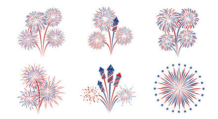 Illustration of six clusters of red white and blue fireworks on a white background display design