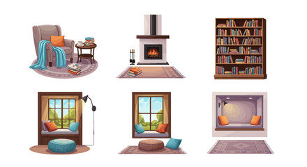 Collection of cozy interior scenes featuring armchairs fireplaces and window reading nooks with books
