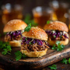 Delicious Gourmet Pulled Pork Sliders with Coleslaw on Wooden Board and Amber Beverages in Background