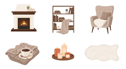 Illustration of a cozy living room interior with fireplace bookshelf armchair and other objects