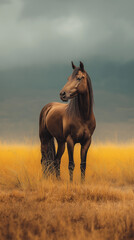 Beautiful Dark Horse Portrait in Golden Sunset Field with Misty Mountains