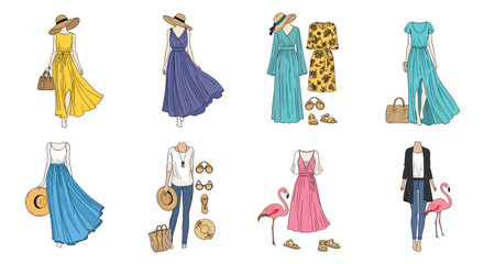 Illustration showing various summer outfits including dresses jeans and accessories displayed together
