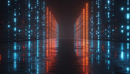 Neon corridor with glowing blue and orange panels