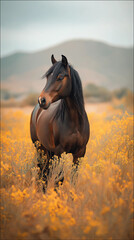 Majestic Brown Horse Standing in Golden Autumn Field with Mountain Landscape