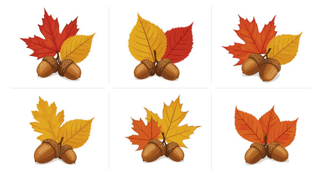 Collection of autumn themed acorns with colorful leaves in a grid pattern on a white background