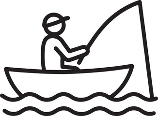 fisherman fishing on a boat outline icon line art silhouette design vector illustration.