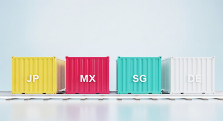 Shipping containers with country codes on railroad is waiting for delivery