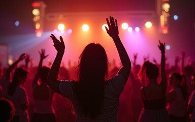 Carefree young woman dancing with friends at night music festival. High quality