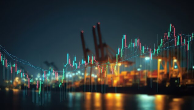 Night port with financial chart overlay - Powered by Adobe
