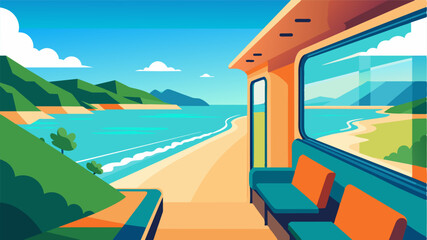 The digital nomads train compartment boasted stunning panoramic views of the coastline with crystal clear waters and sprawling beaches stretching out into the distance.. Vector illustration