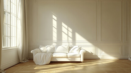 bright and airy living room featuring white sofa, soft blanket, and natural light streaming