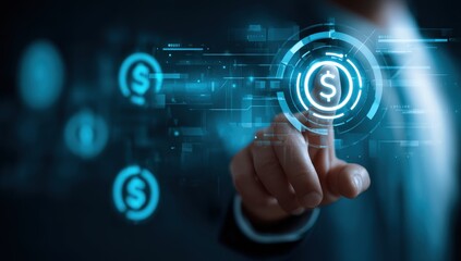 Hand touches glowing dollar sign interface