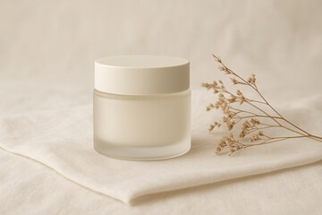 Frosted glass cosmetic jar with white lid and dried flower on fabric background for organic skincare branding and natural beauty visuals