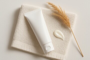 Naklejka premium White cosmetic tube with cream drop and dry grass on soft towel perfect for skincare branding spa visuals and natural product presentation