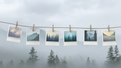 Polaroid photos of mountain landscapes hang on a clothesline, bathed in soft light