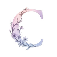 Floral gradient alphabet C with watercolour flowers and leaf on a transparent PNG Background. Monogram initials perfect for wedding invitations, greeting card, logo, poster and other design