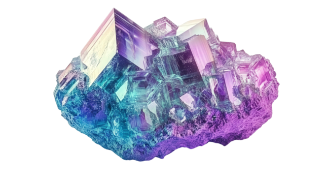 Iridescent bismuth mineral chunk with geometric crystal patterns, Transparent background, PNG file