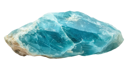 Raw apatite chunk in neon blue hue, Transparent background, PNG file