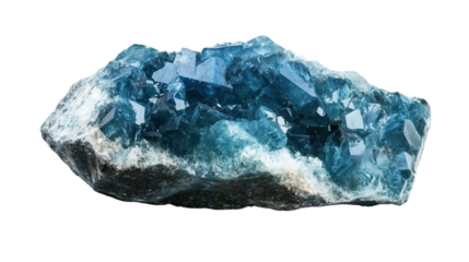 Raw apatite chunk in neon blue hue, Transparent background, PNG file