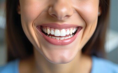 Fototapeta premium Happy patient admiring her perfect smile after dental treatment. High quality