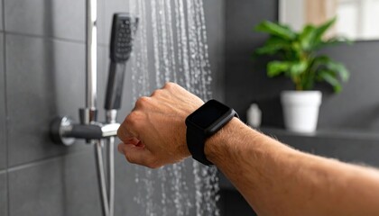 A person wearing a black smartwatch checks the time while standing in a modern shower with water running.