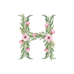 Floral alphabet H with watercolour flowers and leaf on a transparent PNG Background. Monogram initials perfect for wedding invitations, greeting card, logo, poster and other design