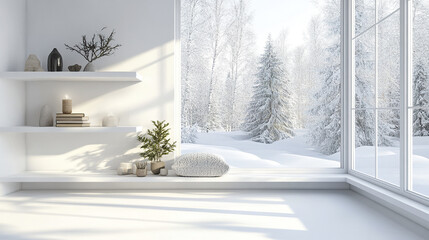 bright, white empty room features shelf with decorative items and view of snowy winter landscape