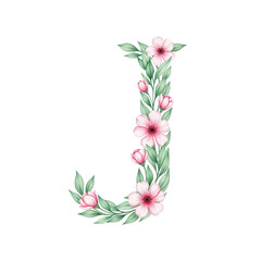 Floral alphabet J with watercolour flowers and leaf on a transparent PNG Background. Monogram initials perfect for wedding invitations, greeting card, logo, poster and other design