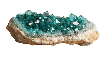 Raw dioptase chunk with intense emerald green crystals, Transparent background, PNG file