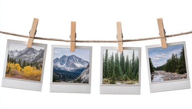 Four vintage photos, hanging on a clothesline, display diverse landscapes