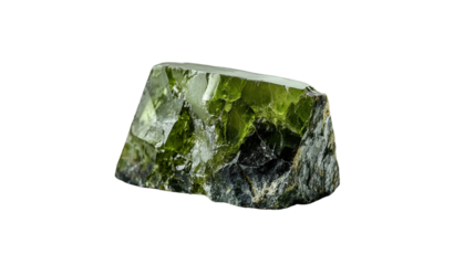 Raw epidote mineral chunk with pistachio green hue, Transparent background, PNG file