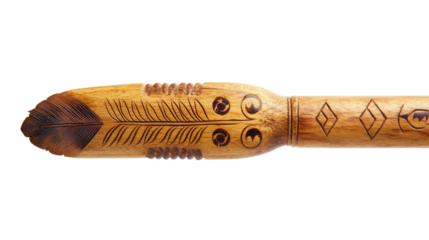Traditional Native American flute with etched symbols Transparent background, PNG file