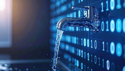A chrome faucet releases flowing water against a digital background of blue binary code, symbolizing the flow of data or information technology.