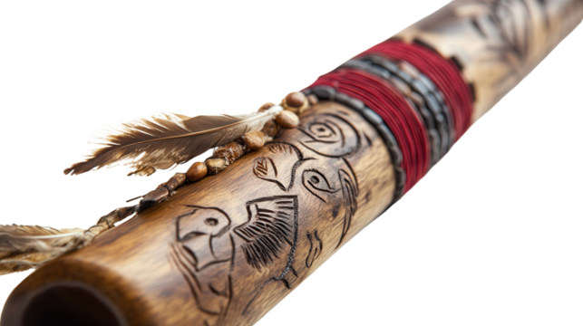 Traditional Native American flute with etched symbols Transparent background, PNG file