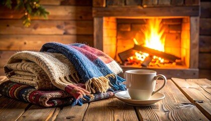 Cozy Cabin Fireplace Scene with Warm Blankets and Coffee