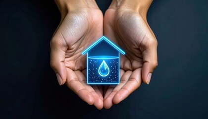 Hands gently holding a glowing blue holographic house with a water droplet symbol inside, representing water conservation or smart water management.