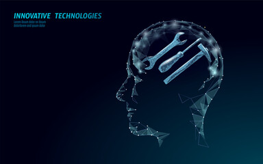 Human head with tools polygon concept. Technical instruments inside mind innovation engineering graphic. Brain construction repair development. Dark blue background low poly vector