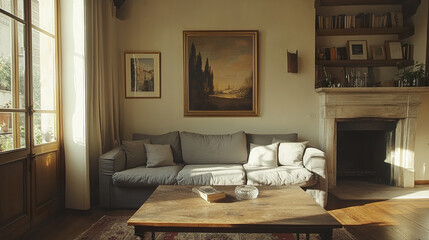 cozy living room featuring grey settee, wooden table, and warm lighting creates welcoming