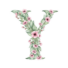 Floral alphabet Y with watercolour flowers and leaf on a transparent PNG Background. Monogram initials perfect for wedding invitations, greeting card, logo, poster and other design