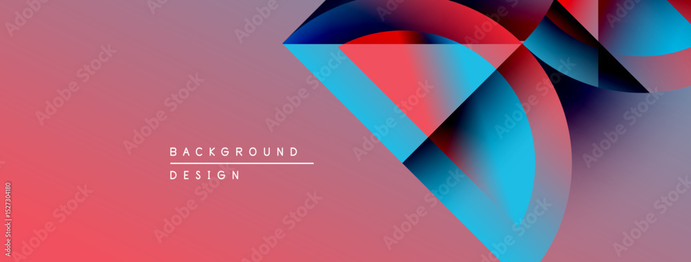 Poster Abstract geometric shapes overlap, creating vibrant color gradients. Pink background complements blue, red hues. Modern design element.