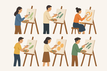Vector Set Artists painting canvas, creative hobby group activity