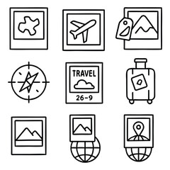 Travel Polaroid Frame Icons – Black & White Outline Vector for Wanderlust Projects