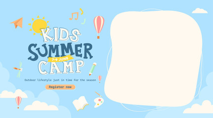 Colorful kids summer camp poster in cartoon style with copy space for custom text and creative activity theme