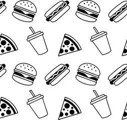 Seamless pattern of fast food icons burgers hot dogs pizza soda