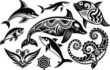 Fototapeta premium Collection of Black and White Tribal Fish and Sea Mammal Illustrations