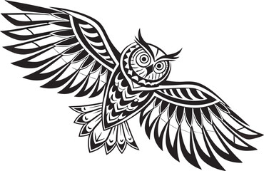 Obraz premium Stylized Owl in Flight with Intricate Black and White Tribal Design