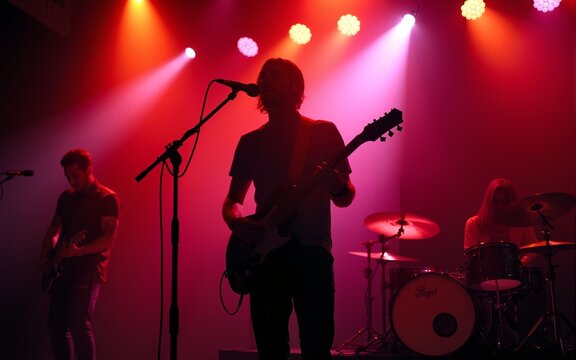 Guitarist performing live music on stage with band. High quality